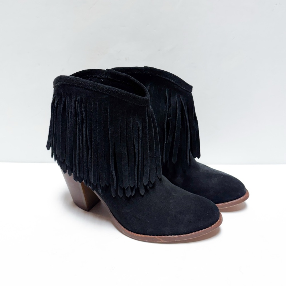 Frye Llana Pull On Black Suede Fringe Ankle Boots